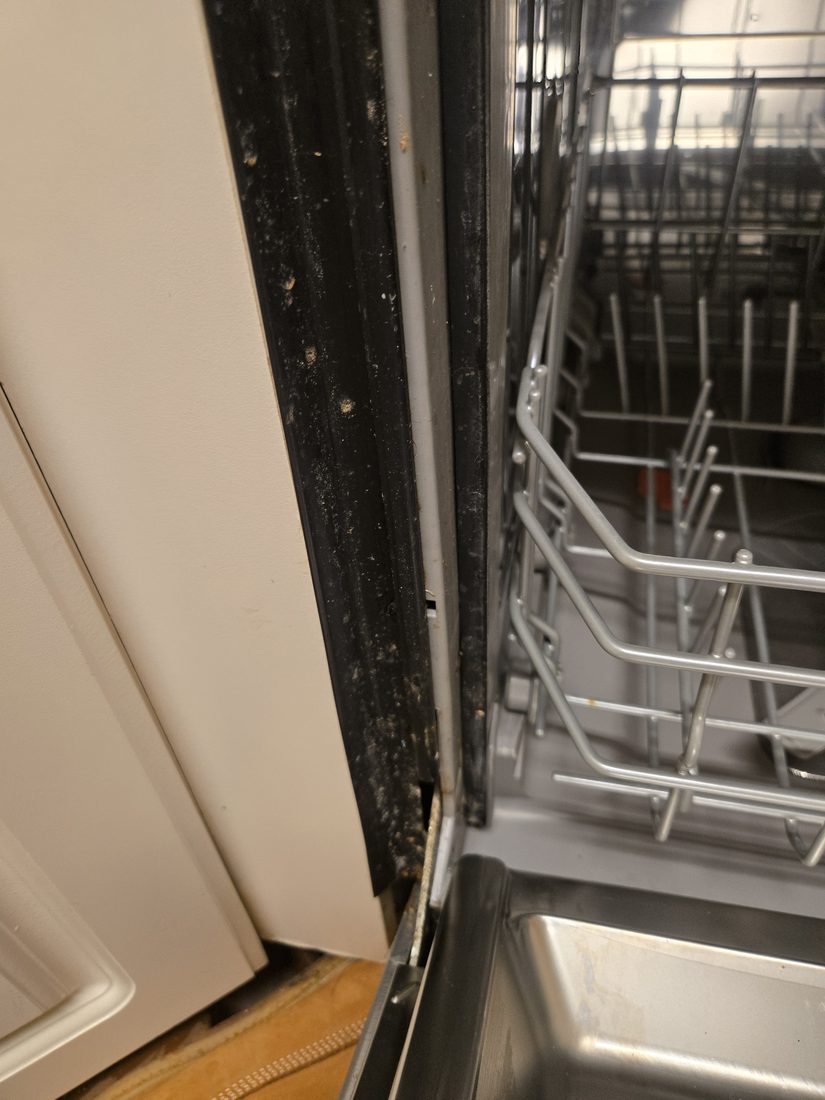 Dishwasher door seal with food debris before Kidoti Clean rehab cleaning, Birmingham AL