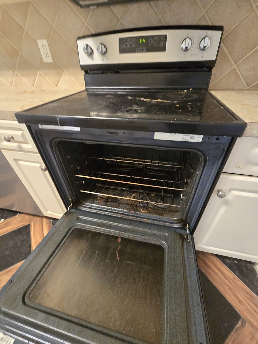 Oven interior with heavy baked-on residue before Kidoti Clean rehab cleaning, Birmingham AL